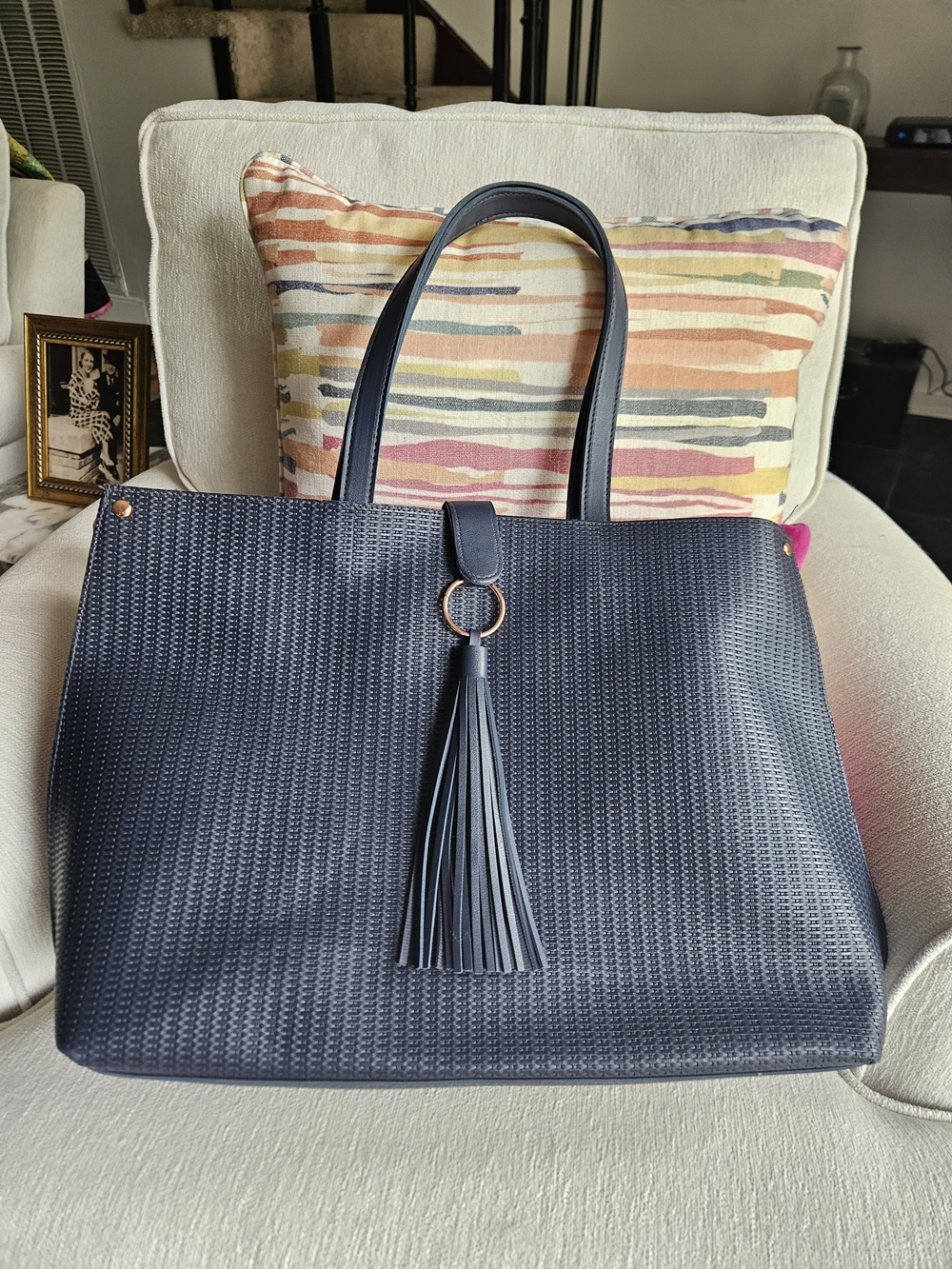 Navy Textured Tote Bag with Tassel - Picture 1 of 5